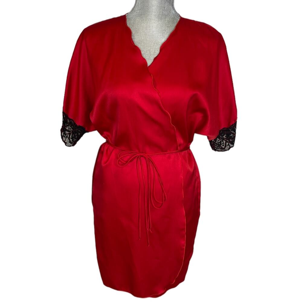 Vintage Blanche Neiman Marcus Robe Union Tag Red Satin Black Lace Medium